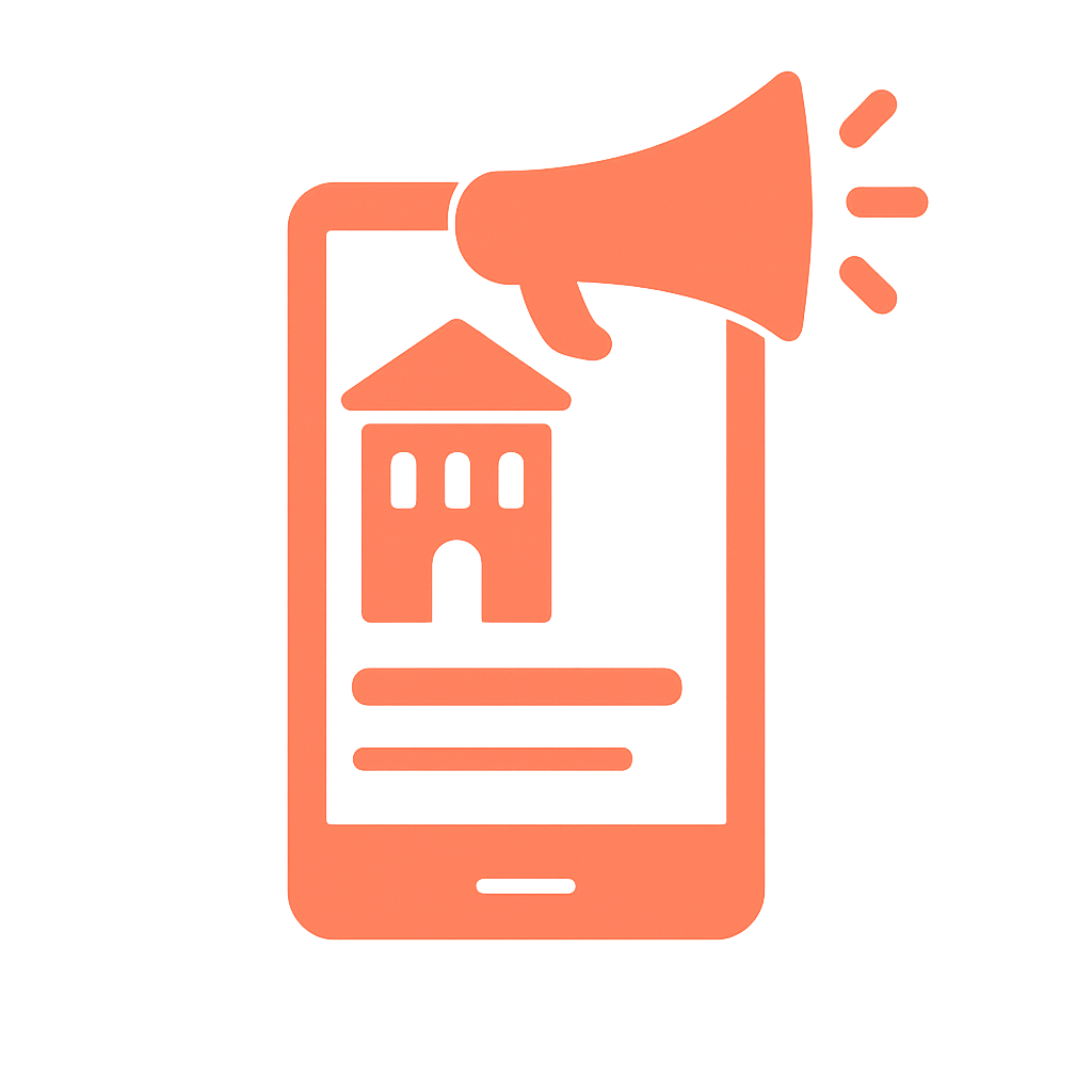 Icône représentant la mise en ligne et la promotion d'une annonce immobilière sur mobile, avec un mégaphone.