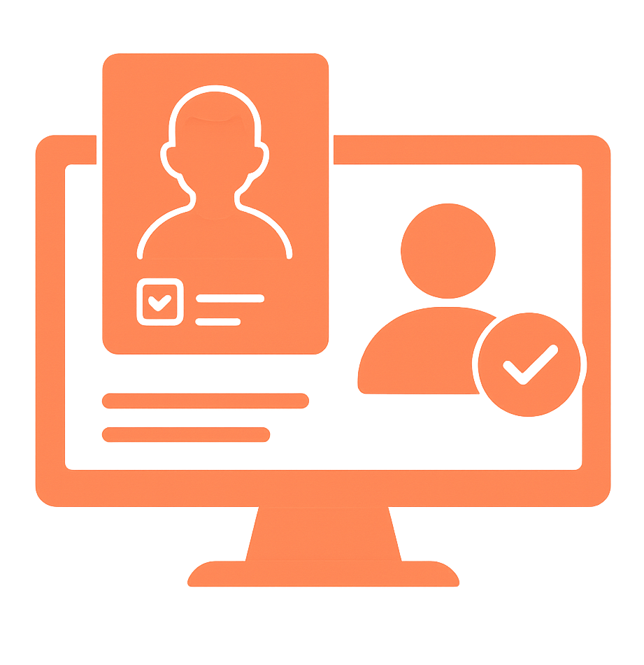 Icône représentant un écran d’ordinateur avec des fiches profils candidats et un symbole de validation.