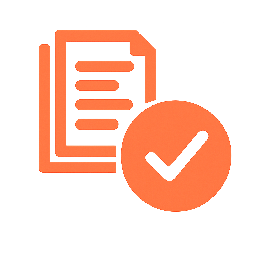  Icône représentant une pile de documents avec un symbole de validation (coche), utilisée pour illustrer la transmission des dossiers candidats certifiés par Kopilote.