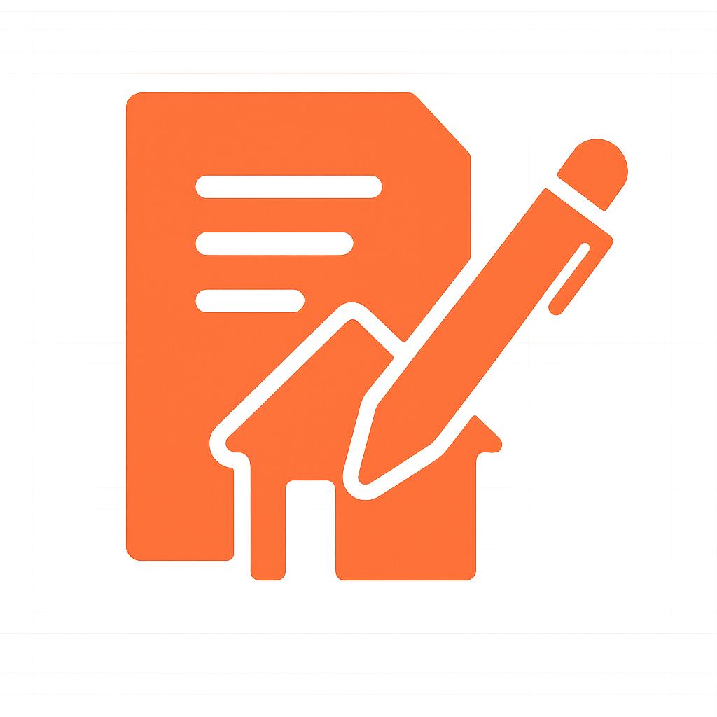 Icône représentant un document, une maison et un stylo, symbolisant la rédaction et la signature d’un bail de location.