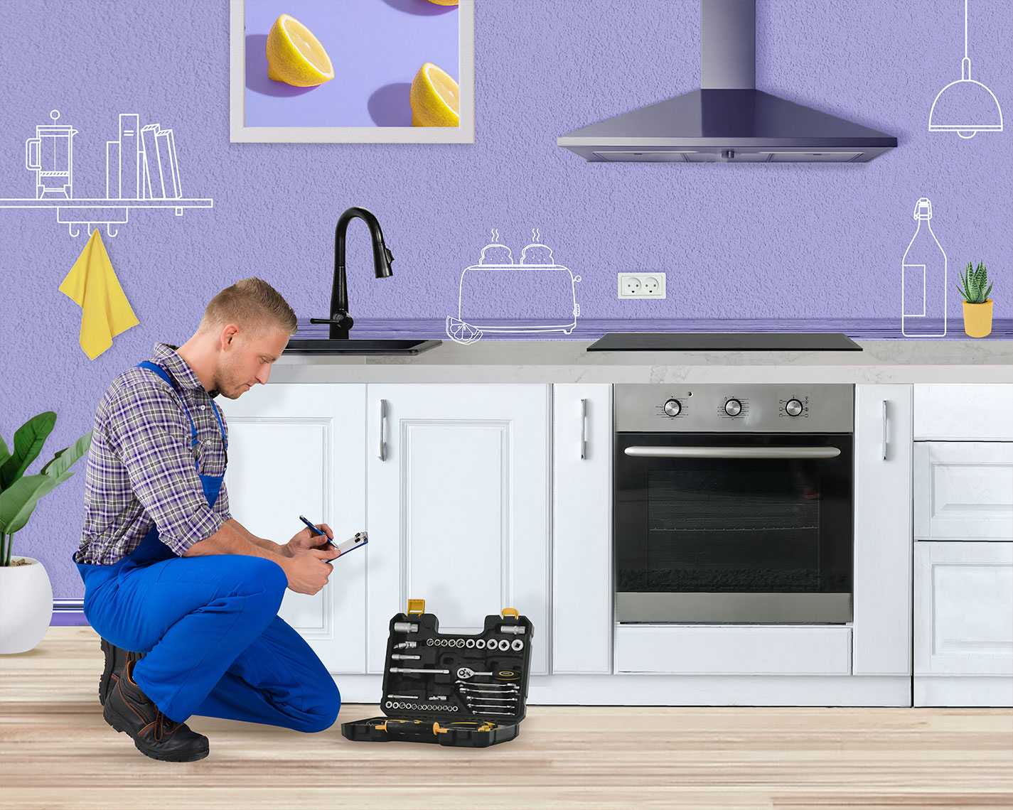  Technicien accroupi devant un meuble de cuisine, préparant une intervention